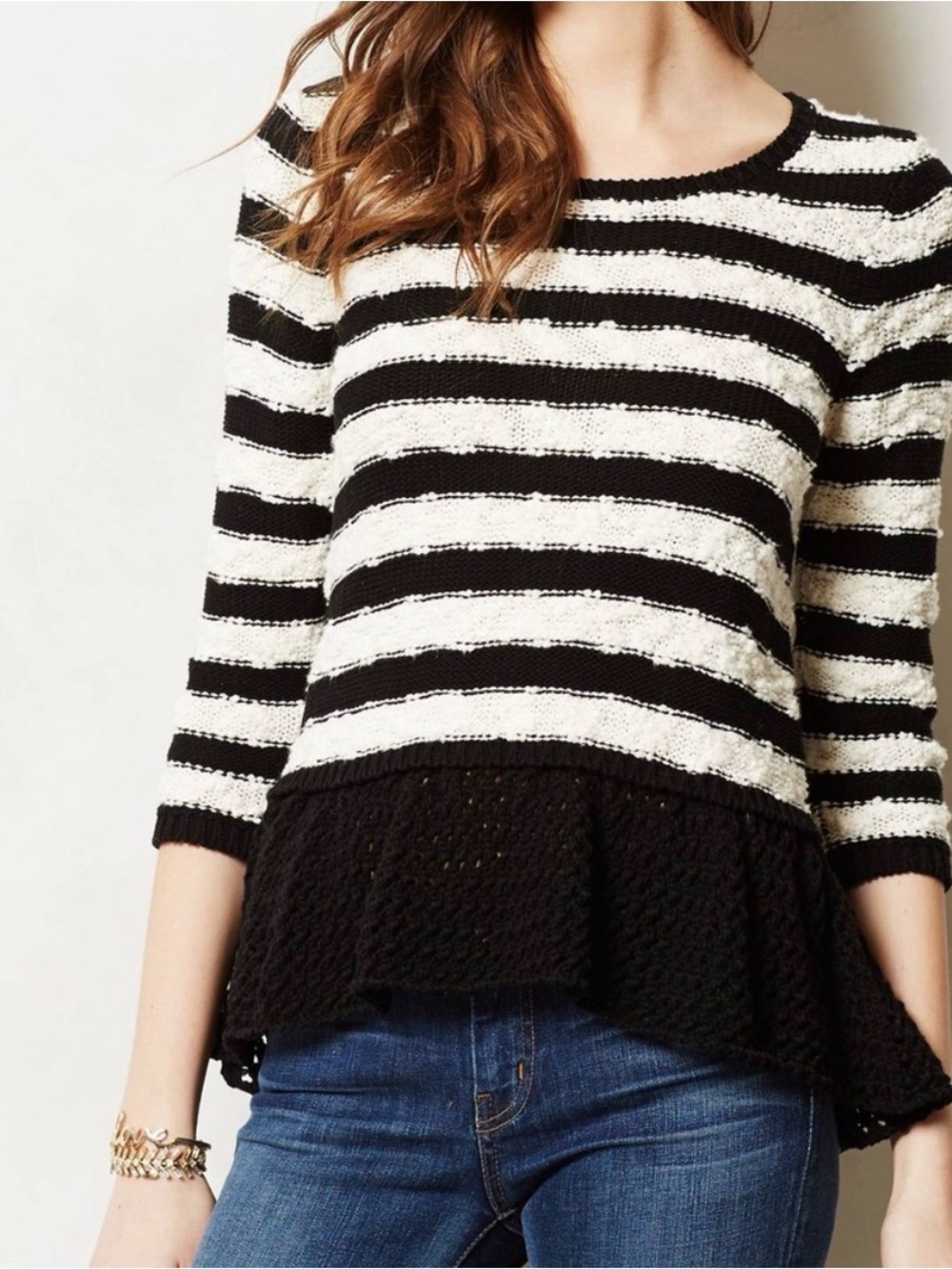 Knitted & Knotted Black and White Striped Knit Peplum Sweater